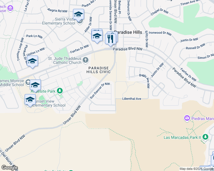 map of restaurants, bars, coffee shops, grocery stores, and more near 9655 Sun Dancer Drive Northwest in Albuquerque