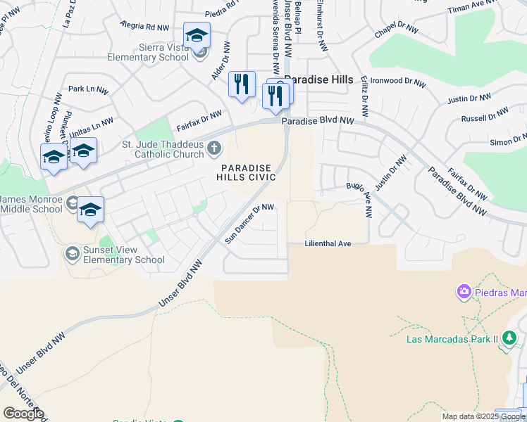 map of restaurants, bars, coffee shops, grocery stores, and more near 9655 Sun Dancer Drive Northwest in Albuquerque