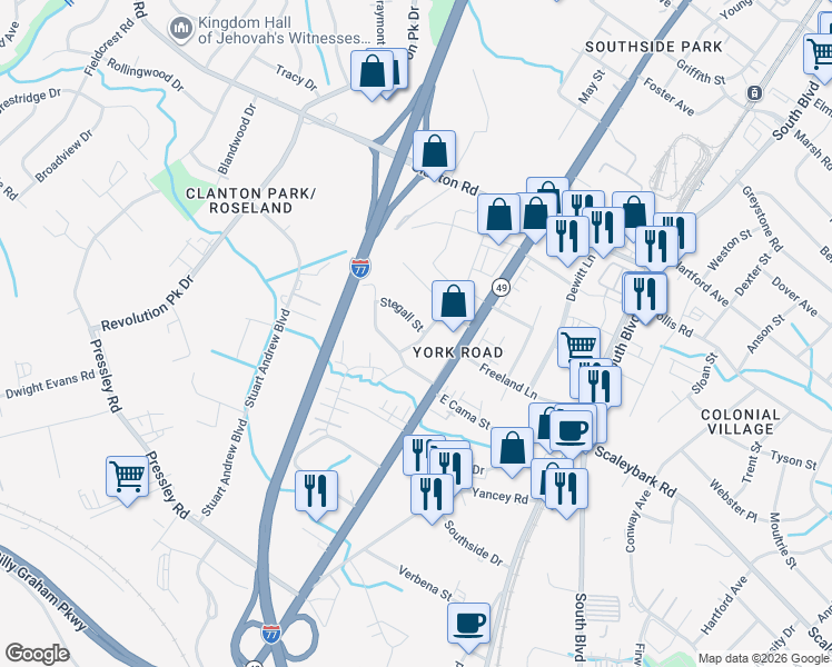 map of restaurants, bars, coffee shops, grocery stores, and more near 3912 Sarah Drive in Charlotte