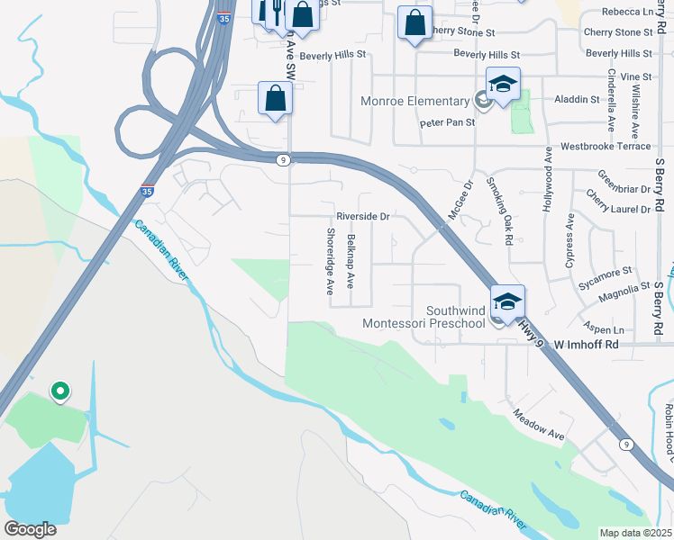 map of restaurants, bars, coffee shops, grocery stores, and more near 2619 Shoreridge Avenue in Norman