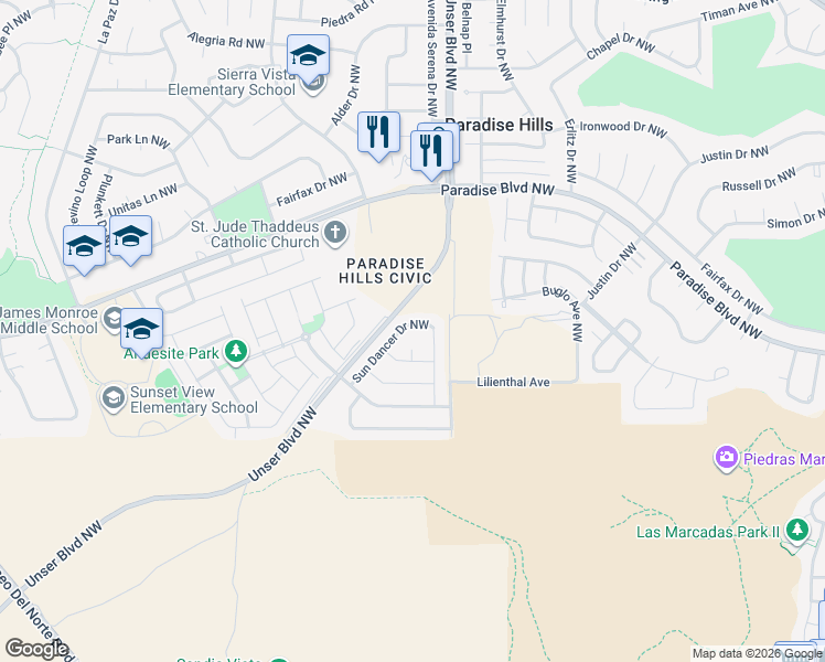map of restaurants, bars, coffee shops, grocery stores, and more near 9640 Sun Dancer Drive Northwest in Albuquerque