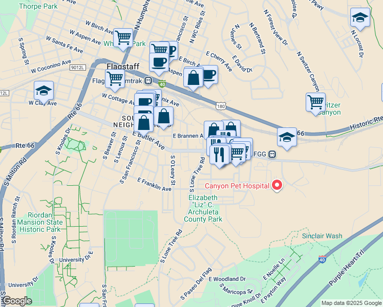map of restaurants, bars, coffee shops, grocery stores, and more near 304 South Elden Street in Flagstaff