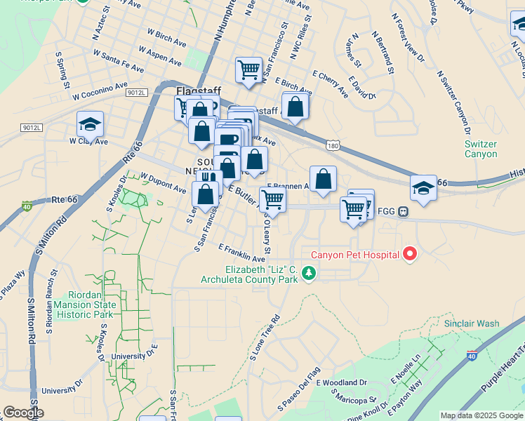 map of restaurants, bars, coffee shops, grocery stores, and more near 203 East Brannen Avenue in Flagstaff