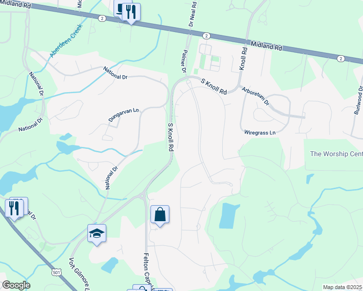 map of restaurants, bars, coffee shops, grocery stores, and more near 33 Deacon Palmer Place in Southern Pines