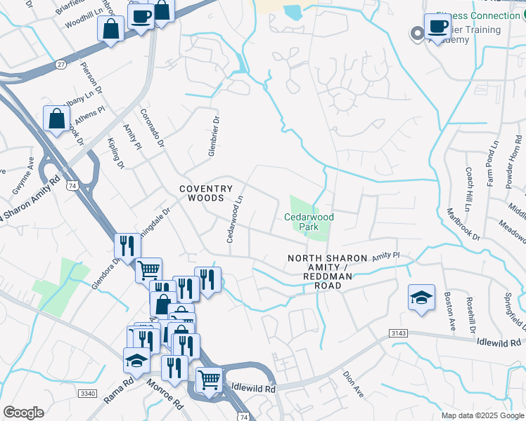 map of restaurants, bars, coffee shops, grocery stores, and more near 6417 Farmingdale Drive in Charlotte
