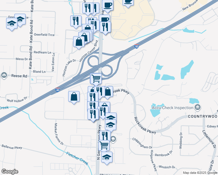 map of restaurants, bars, coffee shops, grocery stores, and more near 8146 Rockcreek Place in Memphis