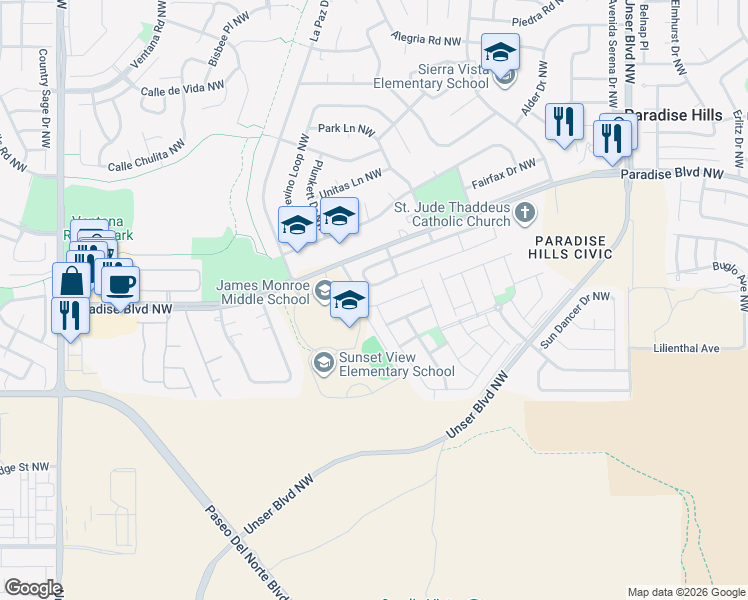 map of restaurants, bars, coffee shops, grocery stores, and more near 9709 Samia Street Southwest in Albuquerque