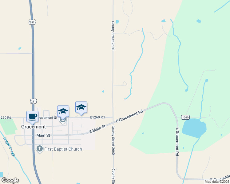 map of restaurants, bars, coffee shops, grocery stores, and more near 25157 County Street 2660 in Gracemont
