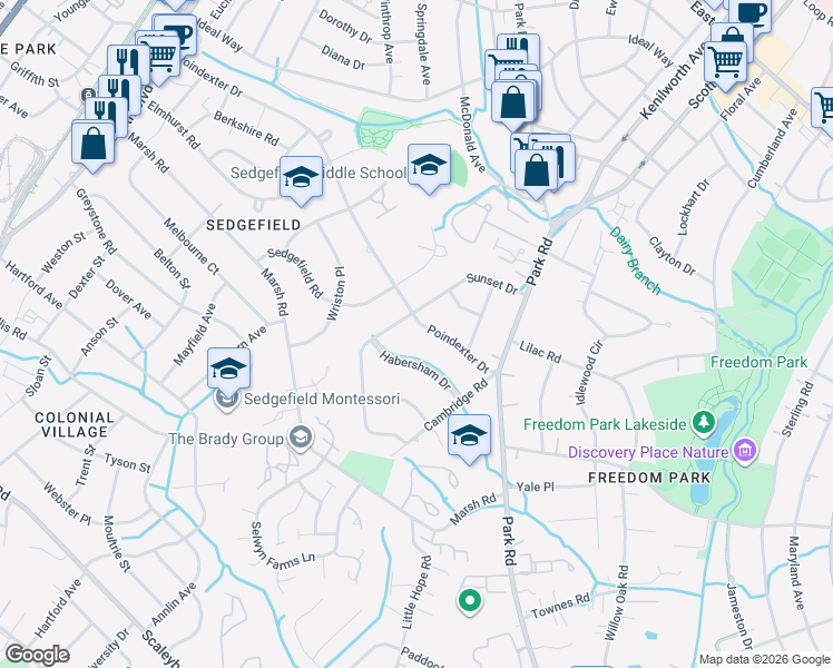 map of restaurants, bars, coffee shops, grocery stores, and more near 2927 Sunset Drive in Charlotte