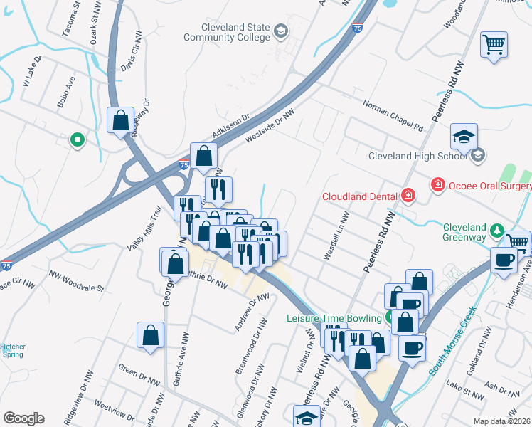 map of restaurants, bars, coffee shops, grocery stores, and more near 3054 Vista Drive Northwest in Cleveland