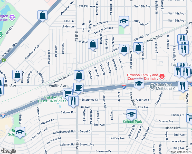 map of restaurants, bars, coffee shops, grocery stores, and more near 1911 Karen Street in Amarillo