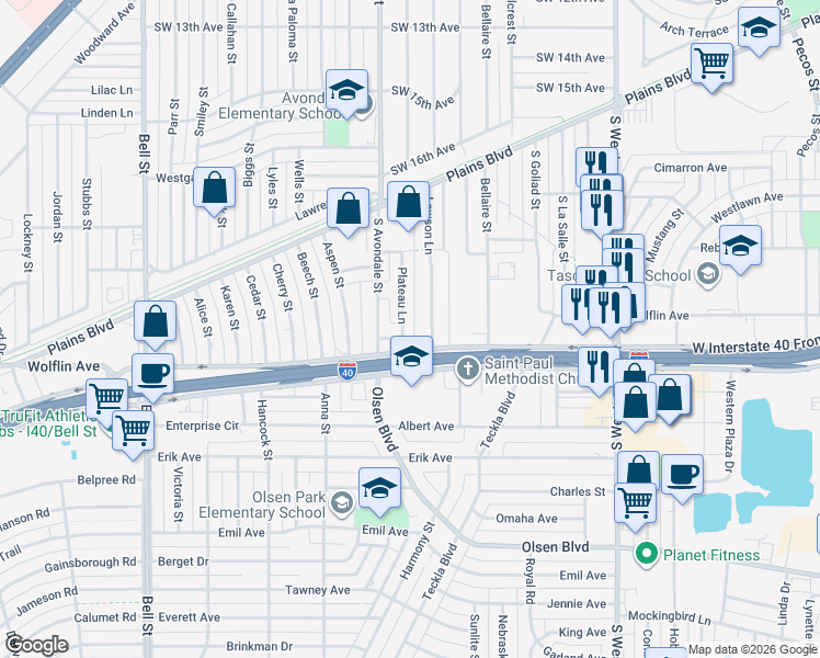 map of restaurants, bars, coffee shops, grocery stores, and more near 1821 Plateau Lane in Amarillo