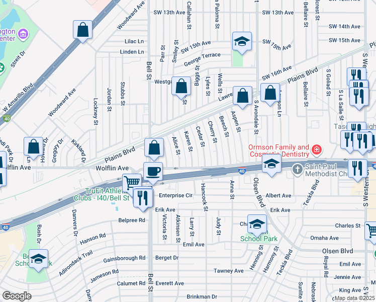 map of restaurants, bars, coffee shops, grocery stores, and more near 1911 Karen Street in Amarillo