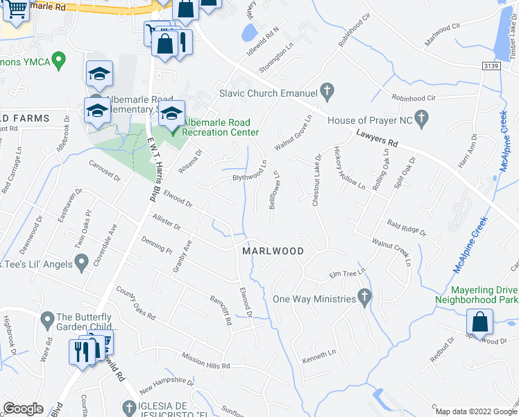 map of restaurants, bars, coffee shops, grocery stores, and more near 5301 Caradon Drive in Charlotte