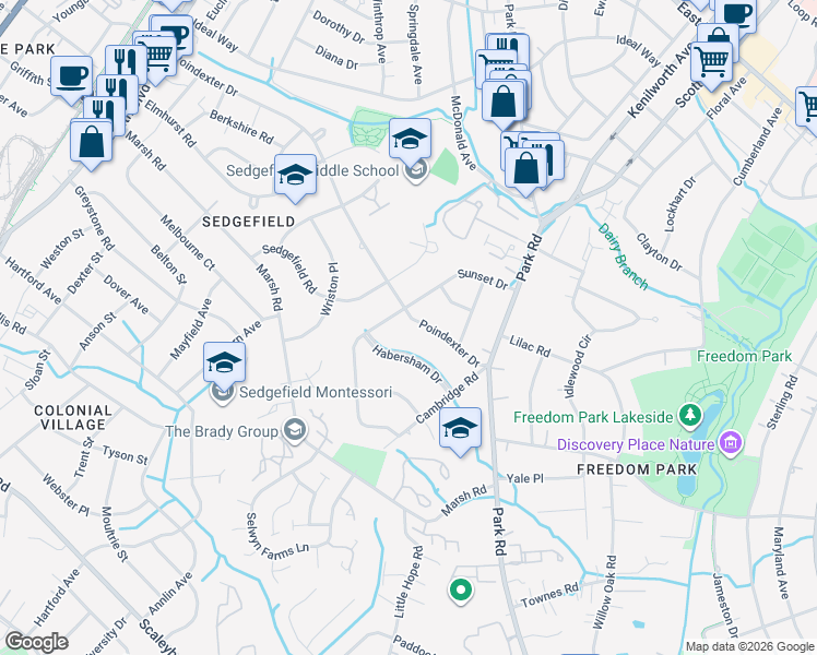 map of restaurants, bars, coffee shops, grocery stores, and more near 2927 Sunset Drive in Charlotte