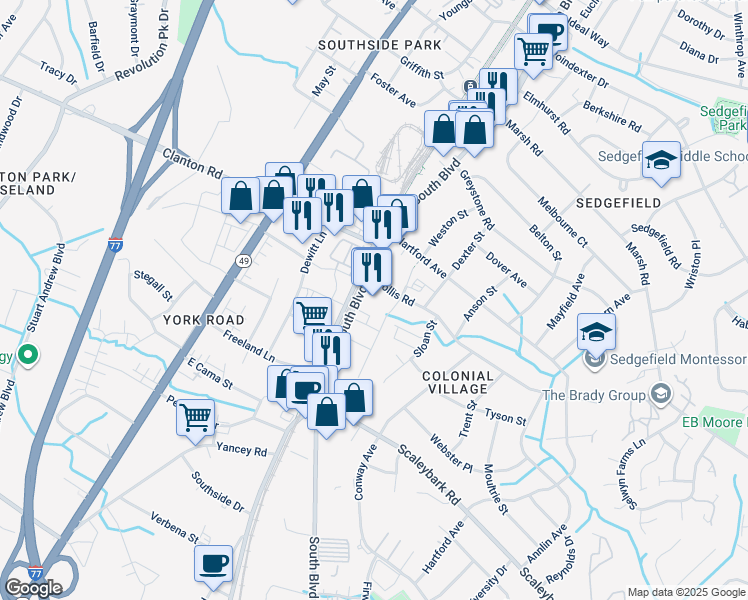 map of restaurants, bars, coffee shops, grocery stores, and more near 111 Hollis Road in Charlotte