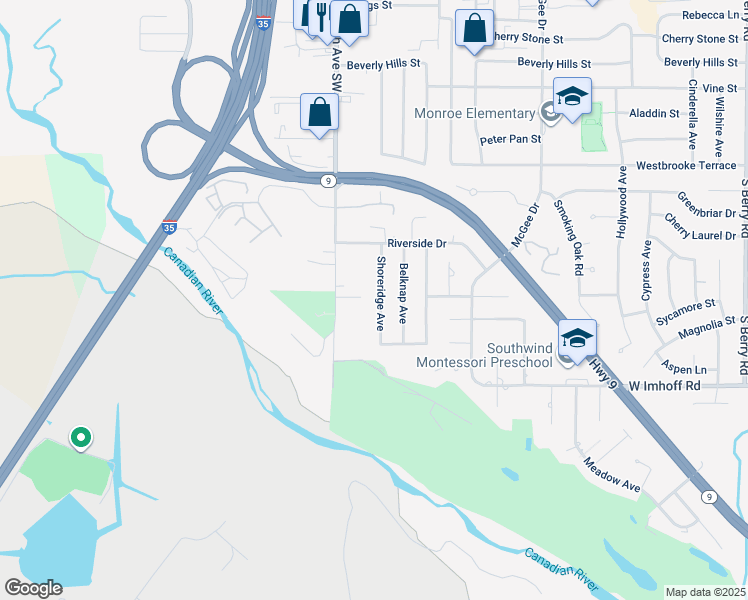 map of restaurants, bars, coffee shops, grocery stores, and more near 2619 Shoreridge Avenue in Norman