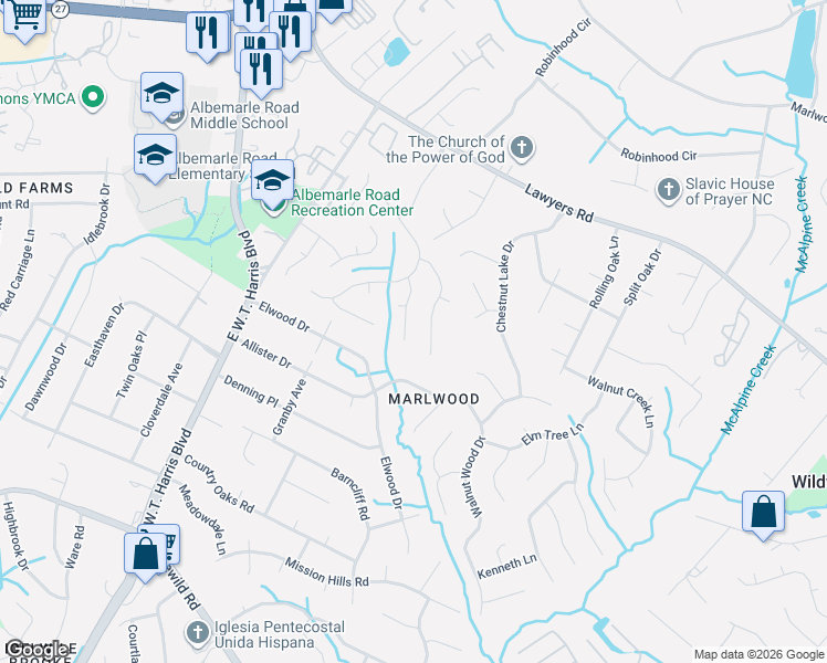 map of restaurants, bars, coffee shops, grocery stores, and more near 5301 Caradon Drive in Charlotte