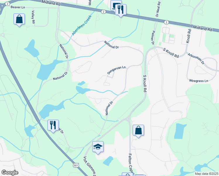 map of restaurants, bars, coffee shops, grocery stores, and more near 62 Dungarvan Lane in Pinehurst
