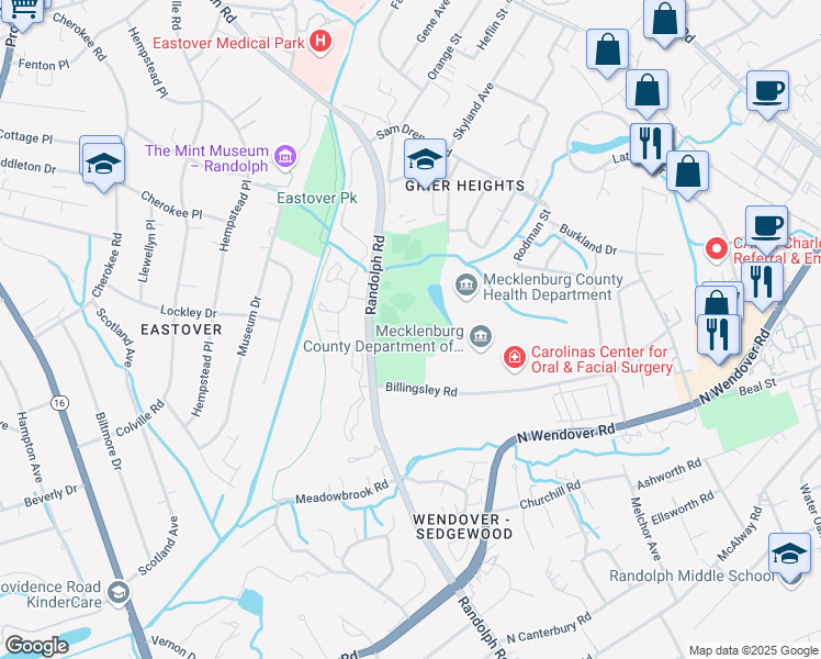 map of restaurants, bars, coffee shops, grocery stores, and more near 201 Billingsley Road in Charlotte