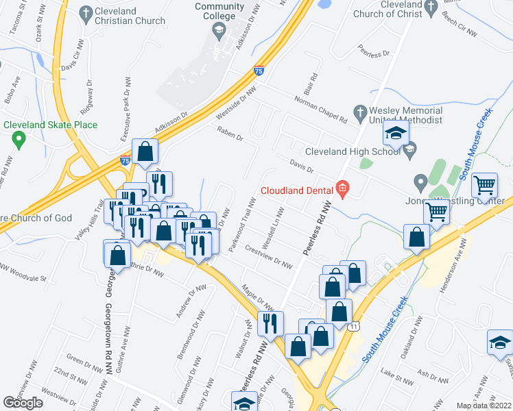 map of restaurants, bars, coffee shops, grocery stores, and more near 3020 Parkwood Trail in Cleveland