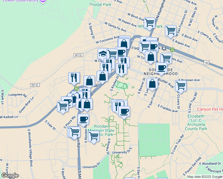 map of restaurants, bars, coffee shops, grocery stores, and more near 1105 Knoles Drive in Flagstaff