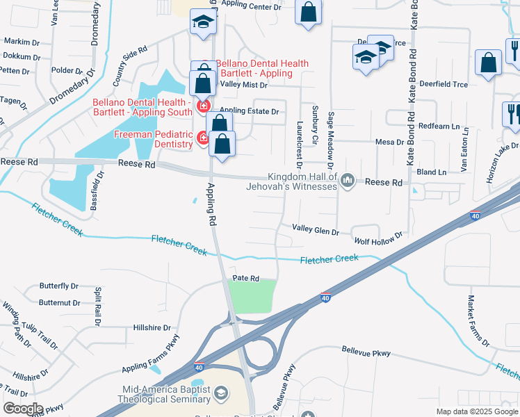 map of restaurants, bars, coffee shops, grocery stores, and more near 7526 Tory Hill Lane in Memphis