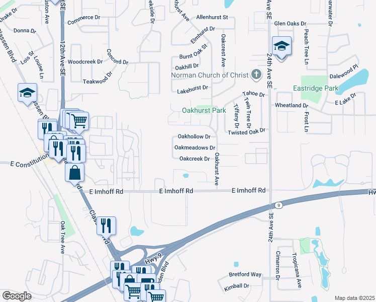 map of restaurants, bars, coffee shops, grocery stores, and more near 1905 Oakmeadows Drive in Norman