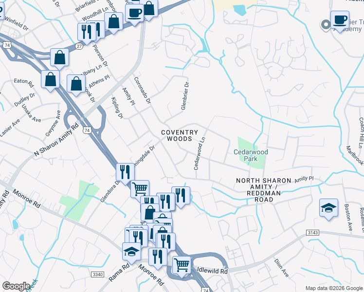 map of restaurants, bars, coffee shops, grocery stores, and more near 5019 Coronado Drive in Charlotte