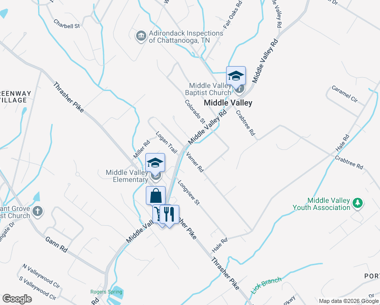 map of restaurants, bars, coffee shops, grocery stores, and more near 1701 Varner Road in Middle Valley