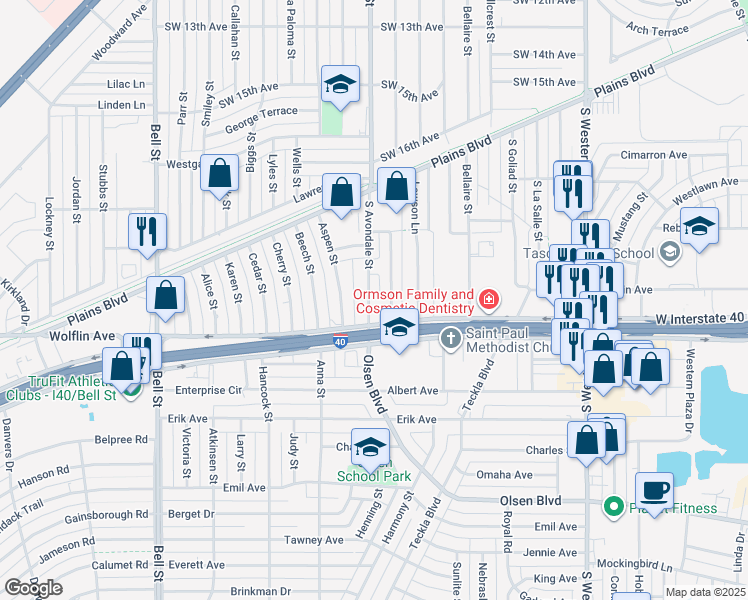map of restaurants, bars, coffee shops, grocery stores, and more near 1823 South Avondale Street in Amarillo