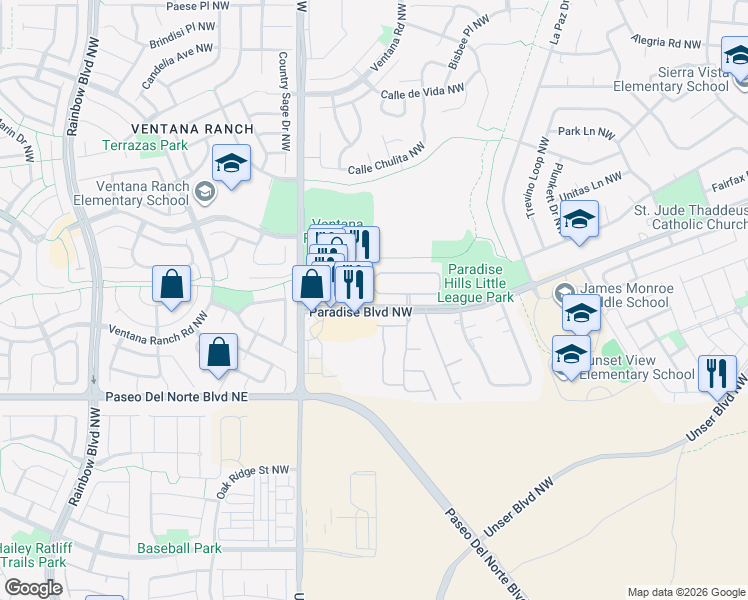 map of restaurants, bars, coffee shops, grocery stores, and more near 6501 Paradise Boulevard Northwest in Albuquerque