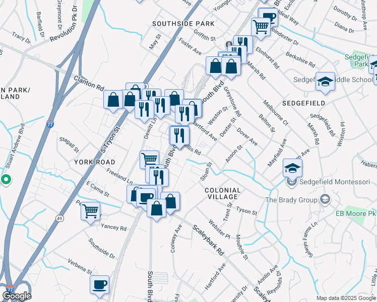 map of restaurants, bars, coffee shops, grocery stores, and more near 111 Hollis Road in Charlotte