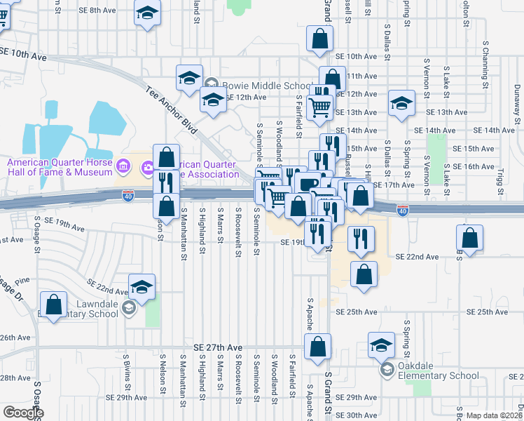 map of restaurants, bars, coffee shops, grocery stores, and more near 3364 Interstate 40 Access Road in Amarillo
