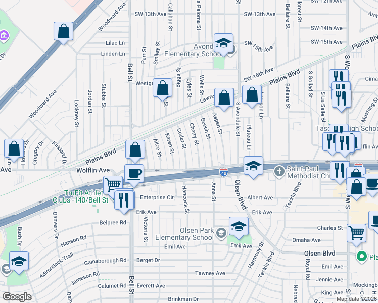 map of restaurants, bars, coffee shops, grocery stores, and more near 1916 Cedar Street in Amarillo