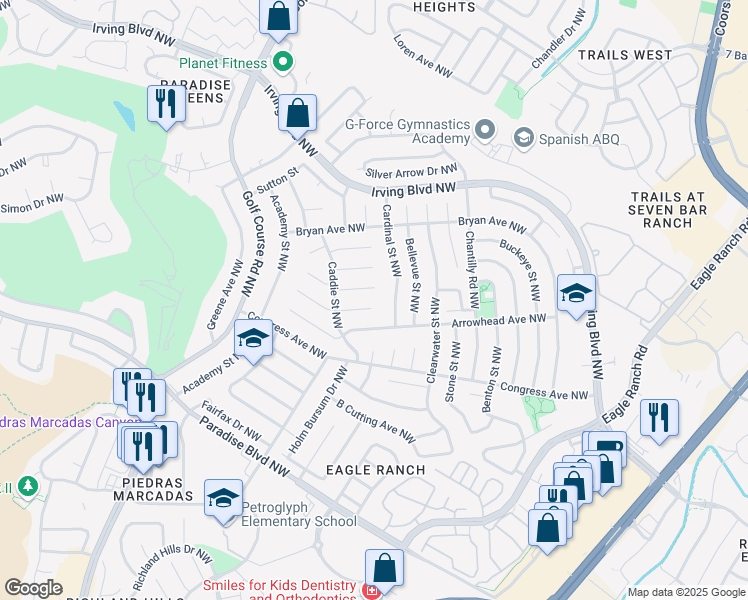 map of restaurants, bars, coffee shops, grocery stores, and more near 4517 Capri Court Northwest in Albuquerque