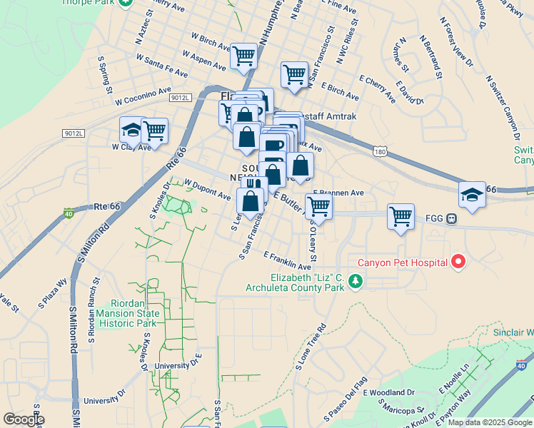 map of restaurants, bars, coffee shops, grocery stores, and more near 314 South San Francisco Street in Flagstaff