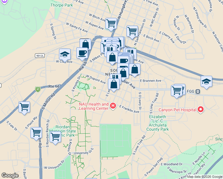 map of restaurants, bars, coffee shops, grocery stores, and more near 324 South Leroux Street in Flagstaff