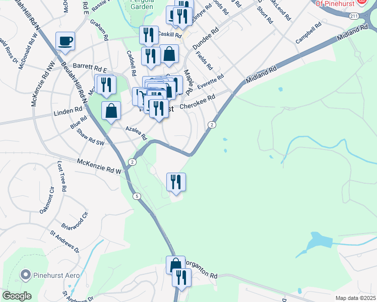 map of restaurants, bars, coffee shops, grocery stores, and more near in Pinehurst