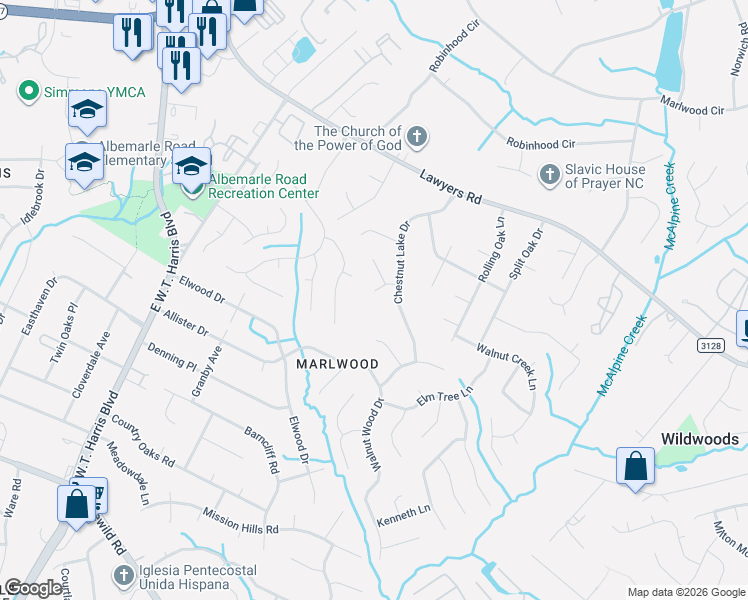 map of restaurants, bars, coffee shops, grocery stores, and more near 7620 Fire Tree Lane in Charlotte