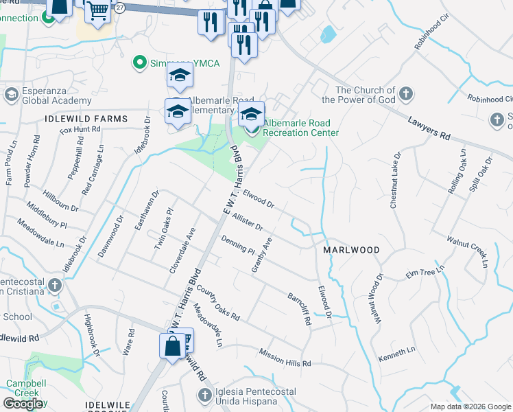 map of restaurants, bars, coffee shops, grocery stores, and more near 7341 Elwood Drive in Charlotte