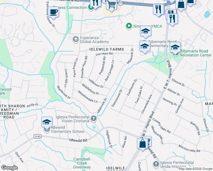 map of restaurants, bars, coffee shops, grocery stores, and more near 6034 Red Carriage Lane in Charlotte