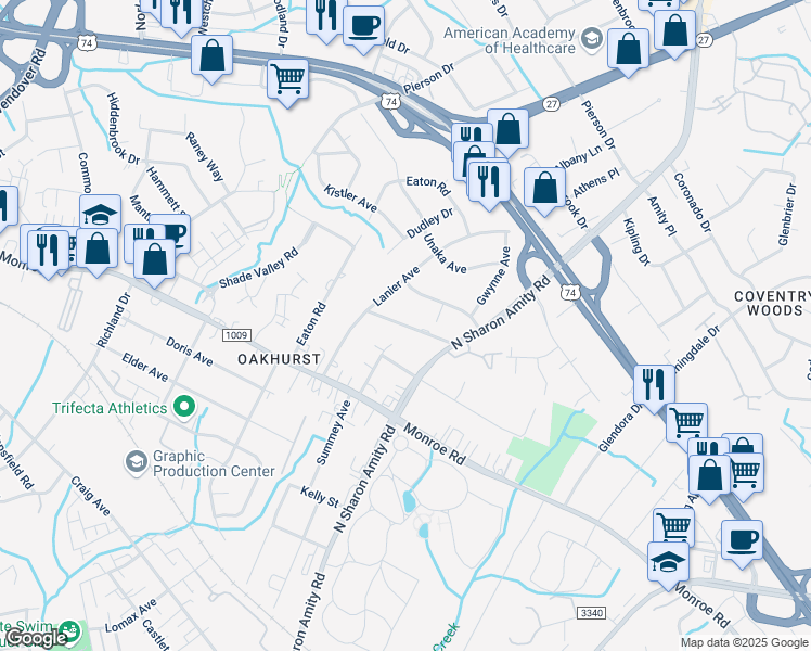 map of restaurants, bars, coffee shops, grocery stores, and more near 5237 Lynnville Avenue in Charlotte