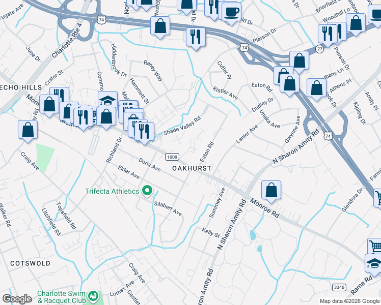 map of restaurants, bars, coffee shops, grocery stores, and more near in Charlotte