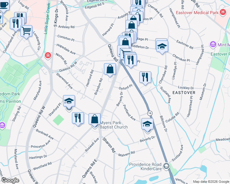 map of restaurants, bars, coffee shops, grocery stores, and more near 1543 Queens Road in Charlotte
