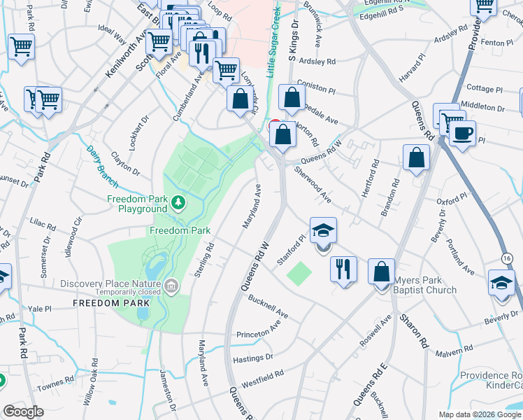 map of restaurants, bars, coffee shops, grocery stores, and more near 1429 Maryland Avenue in Charlotte