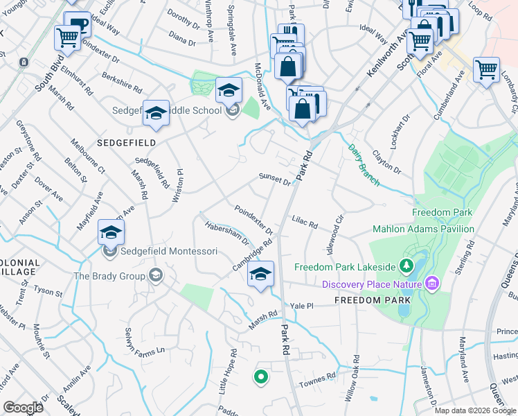 map of restaurants, bars, coffee shops, grocery stores, and more near 2900 Windsor Avenue in Charlotte