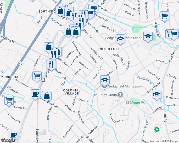 map of restaurants, bars, coffee shops, grocery stores, and more near 415 Dover Avenue in Charlotte