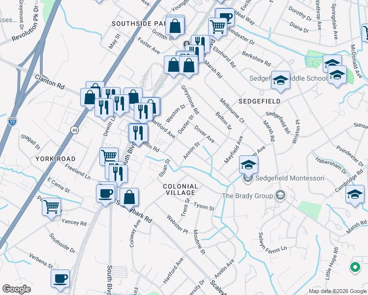 map of restaurants, bars, coffee shops, grocery stores, and more near 311 Hartford Avenue in Charlotte