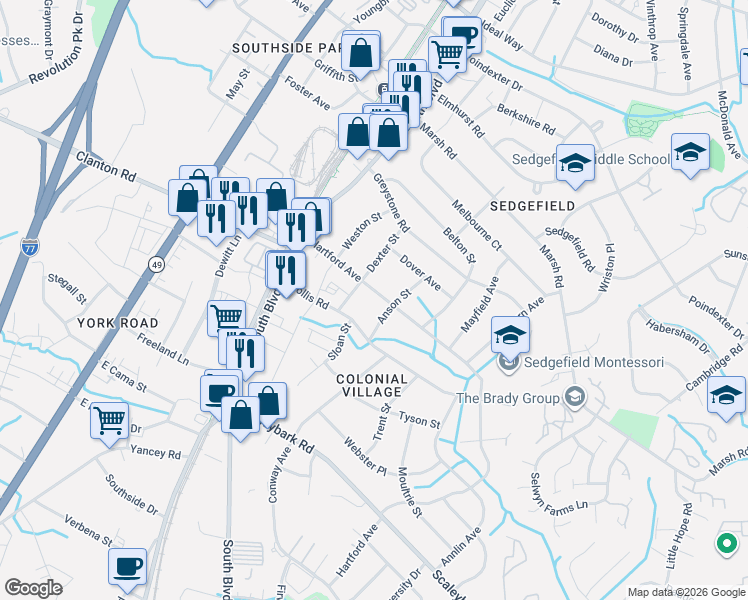map of restaurants, bars, coffee shops, grocery stores, and more near 311 Hartford Avenue in Charlotte